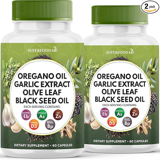 Oregano Oil, Garlic Extract, Olive Leaf, Black Seed Oil, Astragalus-Immune Support & Digestive Health Supplement for Women and Men- 120 Count
