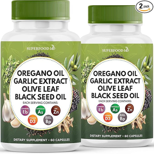Oregano Oil, Garlic Extract, Olive Leaf, Black Seed Oil, Astragalus-Immune Support & Digestive Health Supplement for Women and Men- 120 Count