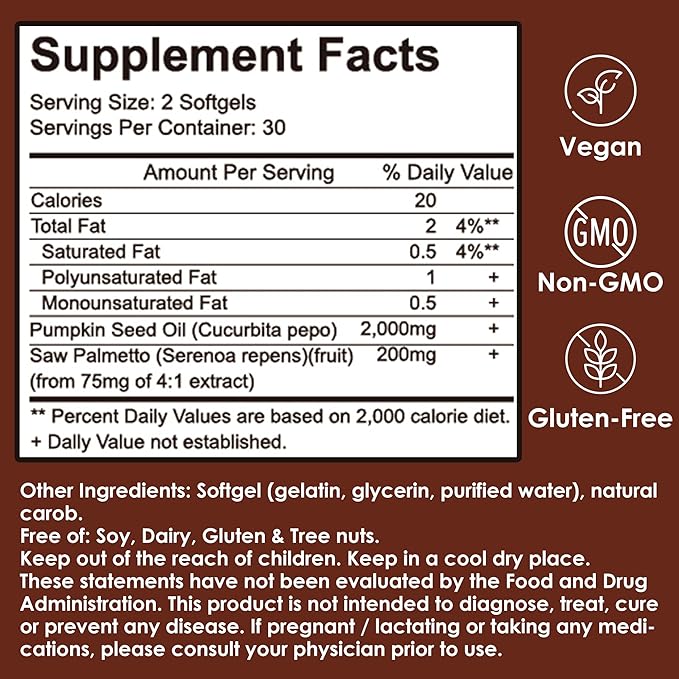 Pumpkin Seed Oil Capsules, 2 in 1 Pumpkin Seed Oil for Hair Growth, 2000mg Per Serving with Saw Palmetto, Cold Pressed, Supports Hair, Heart, Skin Herbal Supplement, Non-GMO, Gluten Free, 60 Softgels