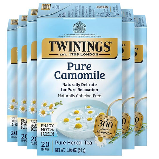 Twinings Pure Camomile Herbal Tea Individually Wrapped Bags, Calming & Delicate, 20 Count (Pack of 6), Naturally Caffeine-Free, Enjoy Hot or Iced, 120 Teabags