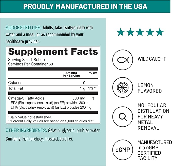 NatureWise Omega 3 Fish Oil - 500 mg per Pill - EPA & DHA - Immune Support, Brain & Optimal Wellness - Gluten and Soy Free, Non-GMO - 60 Softgels[2-Month Supply]