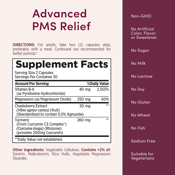Nature’s Bounty Optimal Solutions Advanced PMS Relief for Menstrual Cycle Support, PMS Support Supplement for Women, Bloating Relief – Chasteberry, Hormone-Free, 60 Vegetarian Capsules