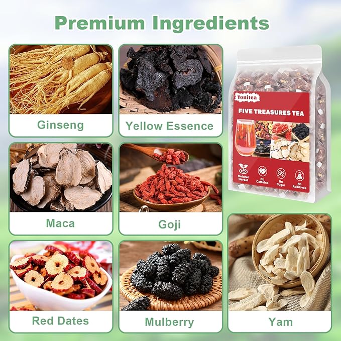 Yonitea Ginseng Five Treasures Tea, Kidney Tea Formula Ginseng Six Treasure for Men and Women, Kidney Cleanse Detox & Repair Natural Traditional Chinese Herbal (60 Bags)