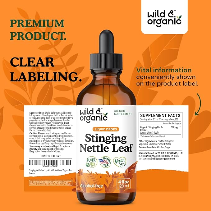 Wild & Organic Stinging Nettle Leaf Tincture - Urinary Tract Support - Stinging Nettle Extract Liquid Drops - Urtica Dioica Supplement - 5-Month Supply - Vegan, Sugar & Alcohol-Free - 4 fl oz