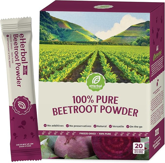 eHerbal 100% Plant Based Pure Freeze Dried Beet Root Powder 20 Packs | Beet Juice for High Blood Pressure, Nitric Oxide Booster, Boost Clean Energy Drink Mix, Non-GMO, Convenience to Use | (5g/Stick)