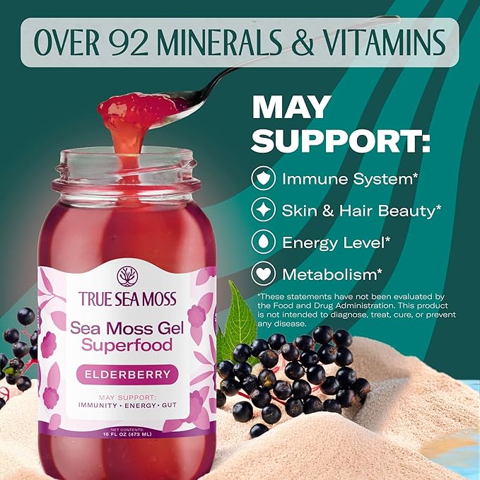 TrueSeaMoss Sea Moss Gel – Made in USA – Wildcrafted Seamoss, Fresh Fruits & Sea Vegetables – Elderberry, Pack of 1 (Labels may Vary)