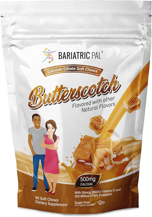 BariatricPal Sugar-Free Calcium Citrate Soft Chews 500mg with Probiotics (90 Count) - Butterscotch