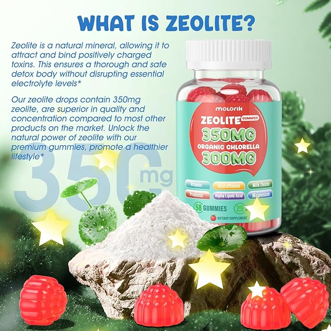 Zeolite Detox for Kids & Adults, 350mg Zeolite Gummies with 300mg Organic Chlorella, Glutathione, Probiotic & Vitamin D3, E, C, B6, B12 for Immune & Gut Support, Apple Gummies, 29 Serving
