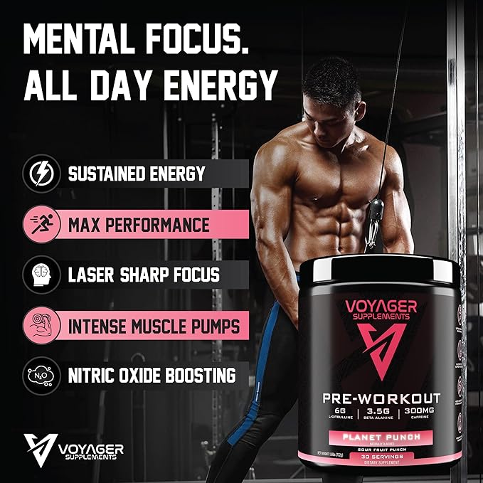 Voyager Pre-Workout Planet Punch – Creatine-Free Powder w/L-Citrulline, Beta-Alanine, Caffeine – Supports Energy, Endurance & Focus – 30 Servings – No Artificial Fillers – GMP Certified