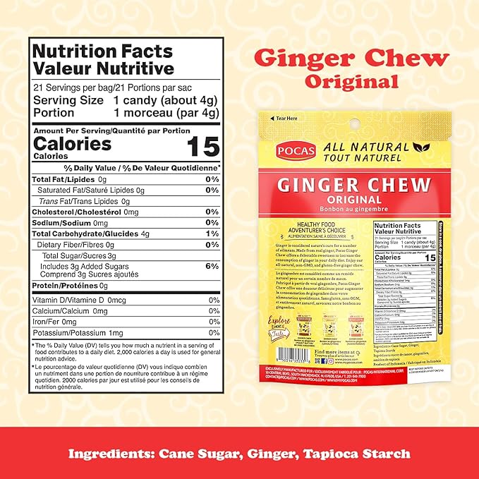 Pocas Original Ginger Chews - Sweet and Zesty Ginger Chew, Individually Wrapped Low-Calorie Snacks, Ginger Candy Made with Pure Cane Sugar, 3 Oz Ea (Pack of 4)