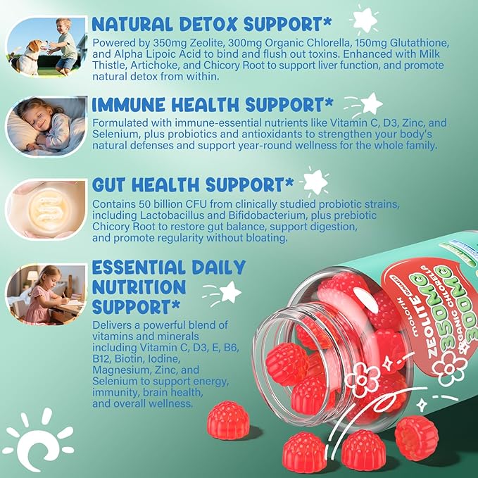 Zeolite Detox for Kids & Adults, 350mg Zeolite Gummies with 300mg Organic Chlorella, Glutathione, Probiotic & Vitamin D3, E, C, B6, B12 for Immune & Gut Support, Apple Gummies, 30 Serving