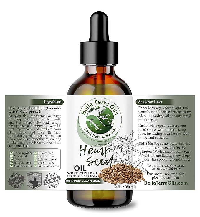 Bella Terra Oils - Hemp Seed Oil 2oz - Embrace the Deep Nourishment of Omega-6 & Omega-9, Zinc & Magnesium, Crafted for the Ultimate Cosmetic Experience