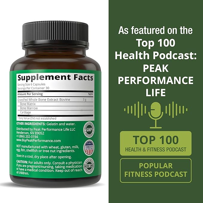 Peak Performance Grass Fed Bone Marrow - Whole Bone Extract Supplement 180 Capsules Superfood Pills Rich in Collagen, Vitamins, and Amino Acids. from Bone Matrix, Marrow, Cartilage. Ancestral Tablets