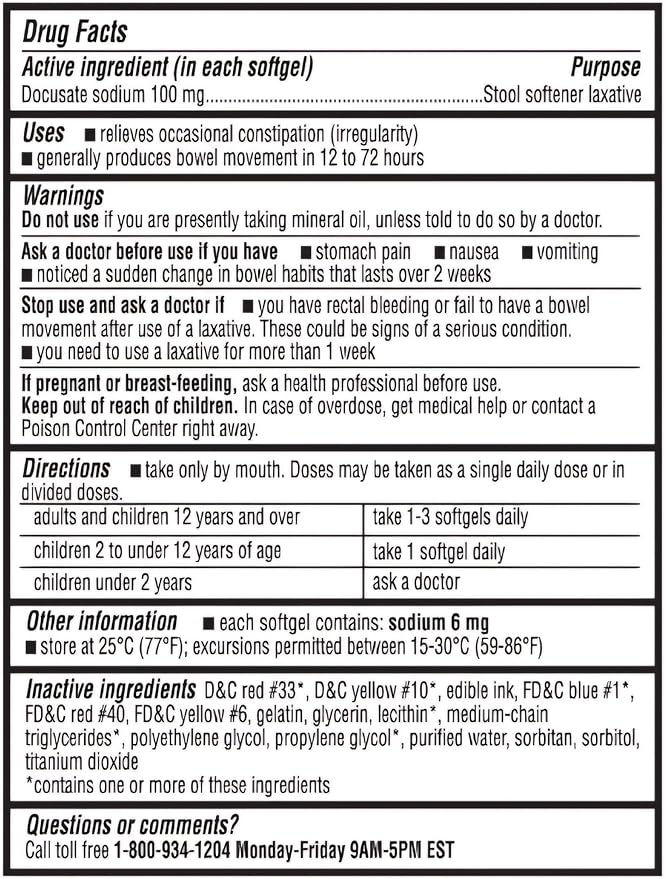 berkley jensen Stool Softener Laxative, Docusate Sodium 100 mg, Stimulant-Free Gentle Dependable Constipation Relief - Helps Promote Regular Bowel Movements, 400 Softgels (Pack of 1)