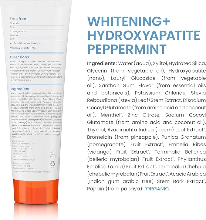 Himalaya Botanique Peppermint Whitening+ Hydroxyapatite (nHA) Toothpaste, Whiter Teeth & Fresher Breath with Hydroxyapatite Support & Peppermint Flavor, Fluoride Free, SLS Free, & Vegan, 4.0 oz (113g)