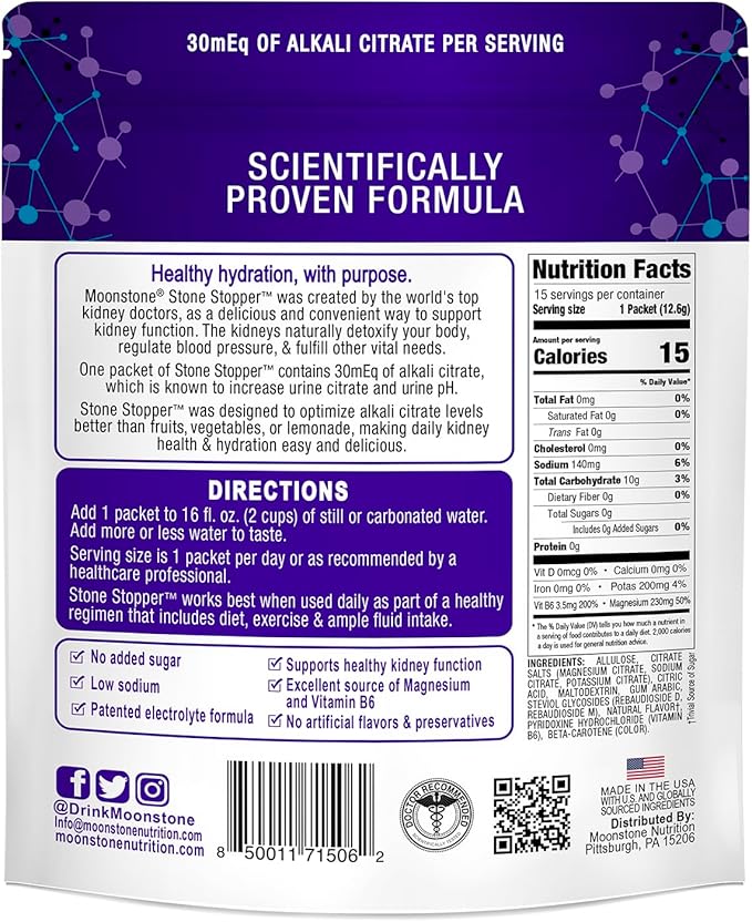 Stone Stopper Drink Mix, Lemonade, Kidney Stone Prevention, Calcium Oxalate Protector, Alkali Citrate Support, Developed by Urologists to Improve Hydration and Support Kidney Health, 15 Day Supply