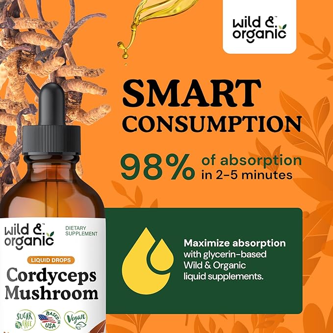 Wild & Organic Cordyceps Tincture - Cordyceps Sinensis Mushroom Extract for Immune & Energy Support - Liquid Mushroom Supplement - Vegan, Sugar & Alcohol-Free Drops - 4 fl oz