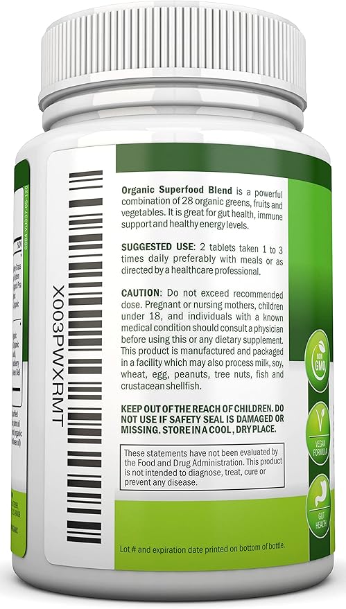 Organic Super Greens Capsules - Fruit And Vegetable Supplements - 120 Count - 28 USDA Organic & Vegan Premium Ingredients - Superfood Blend For Immune Health, Digestion & Energy - Whole Food Vitamins