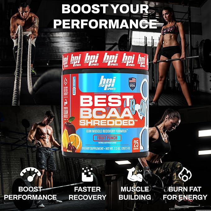 BPI Sports Best BCAA Shredded - Caffeine Free Thermogenic Recovery Drink, Lean Muscle Building BCAA Powder for Women and Men, Preworkout BCAAs Amino Acids Drink- Fruit Punch - 25 Servings