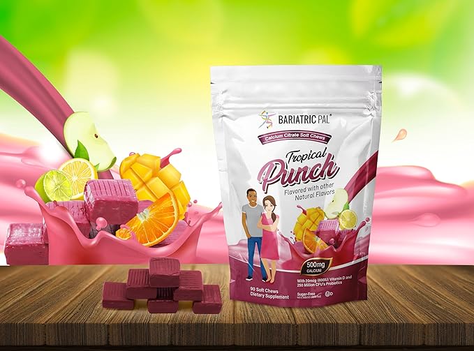 BariatricPal Sugar-Free Calcium Citrate Soft Chews 500mg with Probiotics (90 Count) - Tropical Punch