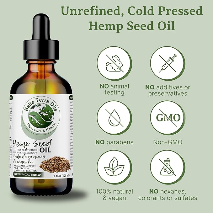 Bella Terra Oils Premium Hemp Seed Oil for Glowing Skin and Shiny Hair – 1gallon, Rich in Fatty Acids, Non-Greasy, Lightweight, Fast Absorbing