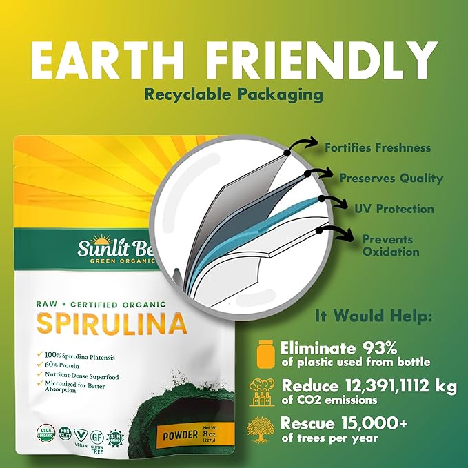 Sunlit Best USDA Organic Spirulina Powder - Blue-Green Algae, Raw & Vegan Source of Protein & Chlorophyll | Non-GMO & Gluten-Free Superfood Energy Drink | Immune Support Supplement, 8 oz - 3 Pack