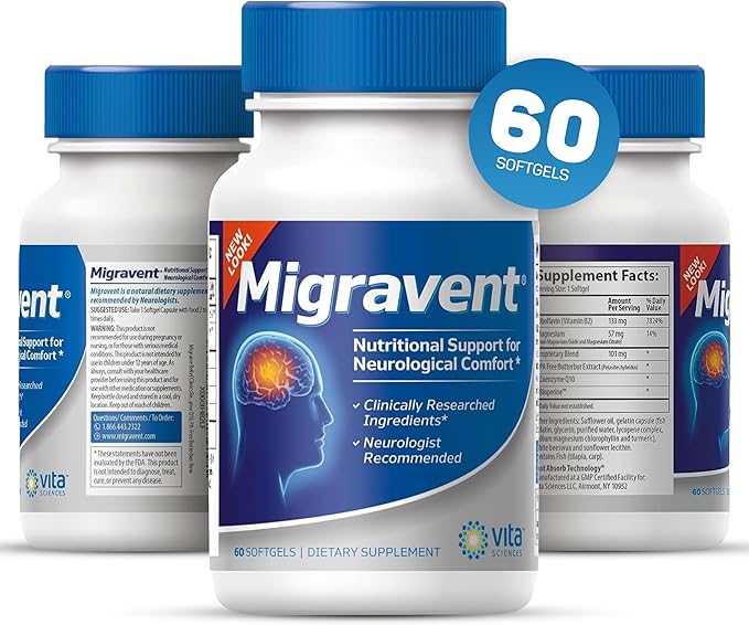 Vita Sciences Migravent Migraine Relief Supplement w/Vitamin B2, Riboflavin, Magnesium, Coenzyme CoQ10, PA-Free Butterbur, Bioperine, Premium Herbal Extracts 60 Count