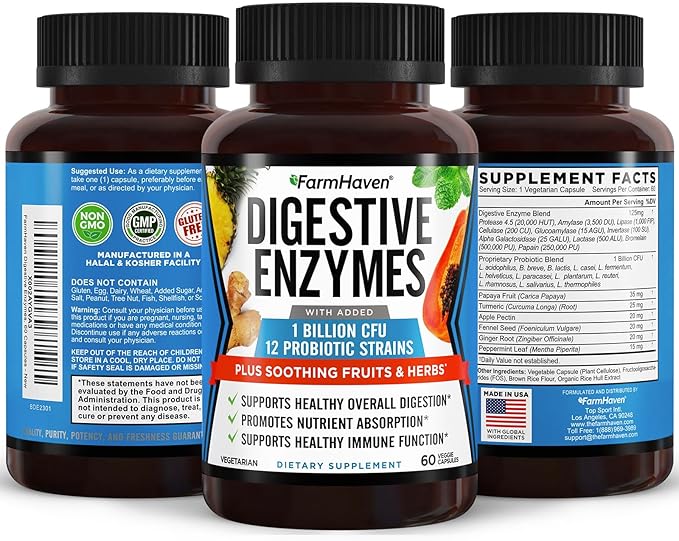 FarmHaven Digestive Enzymes with 18 Probiotics & Herbs | Papaya, Bromelain, Protease & More for Lactose Absorption & Better Digestion | Helps Bloating, Gas, Constipation | Vegetarian, 60 Capsules