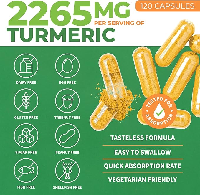 Turmeric Supplement Extra Strength 2265mg - Turmeric Curcumin Supplement w/BioPerine Black Pepper - Tumeric and Ginger Supplements, 95% Curcuminoids, Supports Immune & Joint Health, 120 Caps