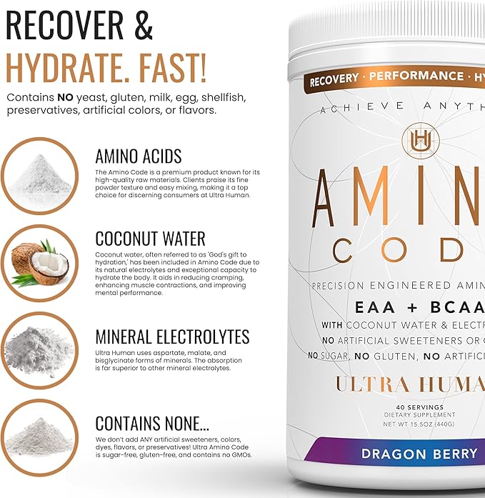 Ultra Human Amino Code | Essential Amino Acids + BCAAs + Coconut Water Electrolytes | Fast Hydration Workout Recovery Flavored Amino Energy Powder Drink | Clean Formula, 40 Servings - Dragonberry