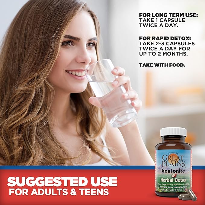 Yerba Prima Great Plains Bentonite Clay Caps Plus Herbal Detox (Pack of 2) - Food Grade - Liver & Colon Cleanse Supplement Capsules