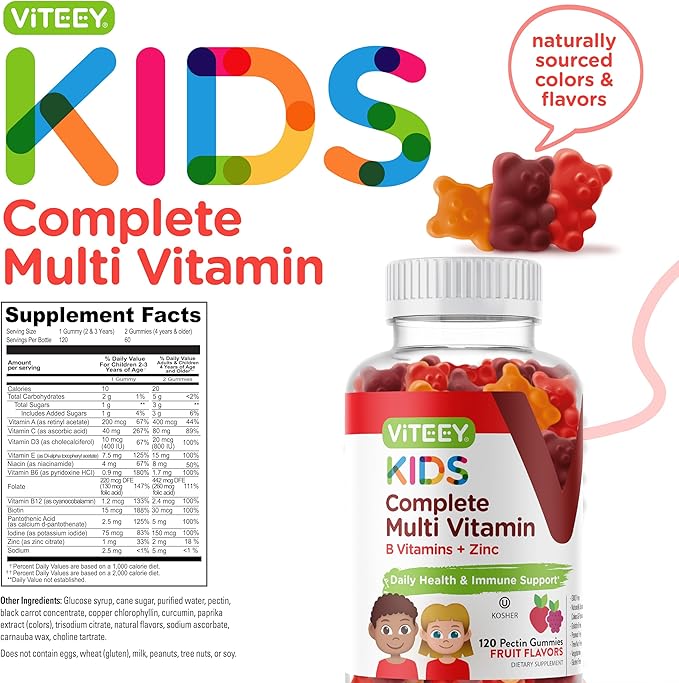 Viteey Kids Multivitamin Gummies, Complete Daily Essential Kids Vitamins - Great for Immune Support & Overall Health - 12 Essential Minerals & Vitamins - Vegetarian, Gelatin Free- Fruit Flavor Gummy