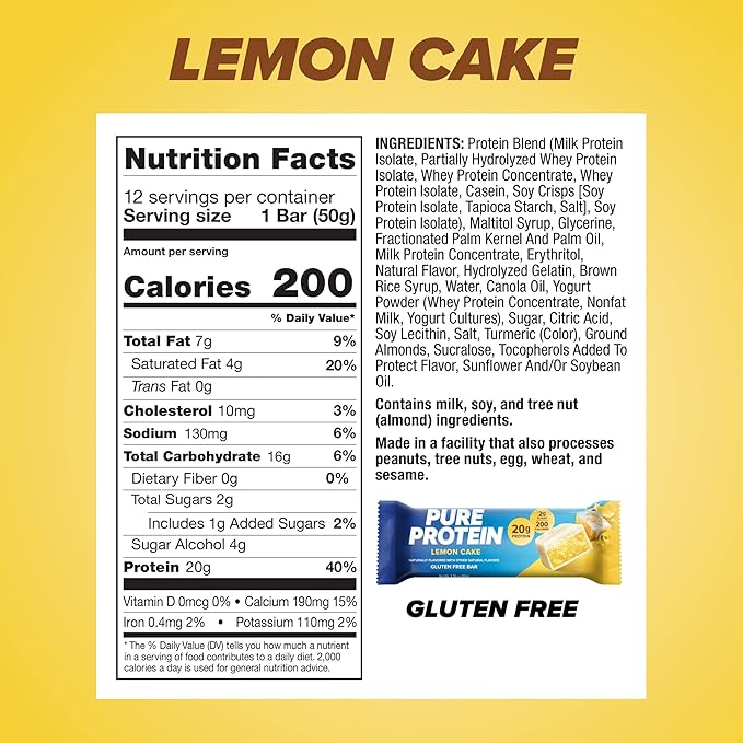 Pure Protein Bars, High Protein, Nutritious Snacks to Support Energy, Low Sugar, Lemon Cake, 1.76 oz, 12 Count (Pack of 1)(Packaging May Vary)