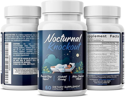 Nocturnal Knockout | 18 in 1 Powerful Sleep Aid for Adults | Non Habit Forming 3rd Party Tested Formula | Magnesium, Melatonin, 5-HTP, Taurine, GABA + 13 More | No Prescription Required - 60 Capsules