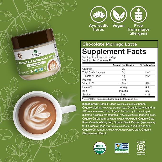 Organic India Chocolate Moringa Latte Powder - Superfood Mix, Moringa Leaf Tea, with Ashwagandha and Turmeric, Dietary Supplement, Stress Support, Rich Cocoa, Caffeine Free - 3.52 Oz