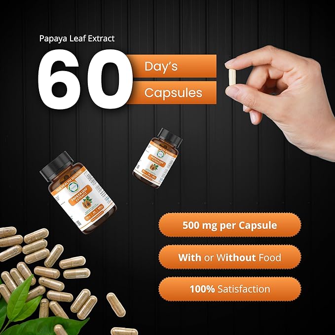 Papaya Leaf Extract 500 mg for Hair, Skin with 4X Extra Strength Support Blood Platelet with 60 Capsules for 60 Days Supports Digestive Health & Natural Antioxidant
