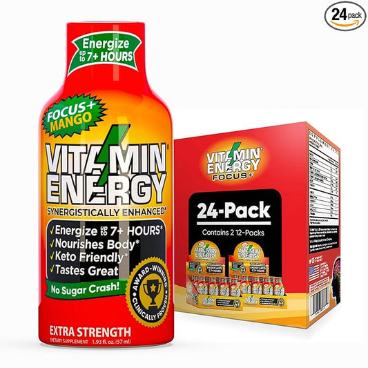 Vitamin Energy Focus+ Extra Strength Energy Shot Mango 24 Pack, 260mg Natural Caffeine, B-Vitamins, CoQ10, Amino Acids, Focus, Productivity & Clarity, Zero Sugar, Gluten-Free, 1.93 fl oz