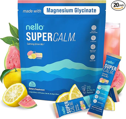 Supercalm Drink Mix - Ashwagandha KSM 66, Magnesium Glycinate & L-Theanine Supplement, Vitamin D3 - Ashwagandha Root Extract - Focus and Relaxation Support (20 Travel Packets) - Yuzu Guava