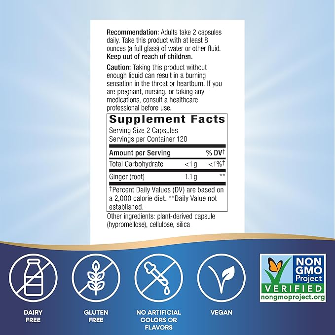 Nature's Way Ginger Root Capsules 550 mg per capsule, Digestive Comfort* Reduces Motion-Related Nausea*, 1,100 mg per 2 Capsules, Non-GMO Project Verified, Vegan, 240 Count (Packaging May Vary)