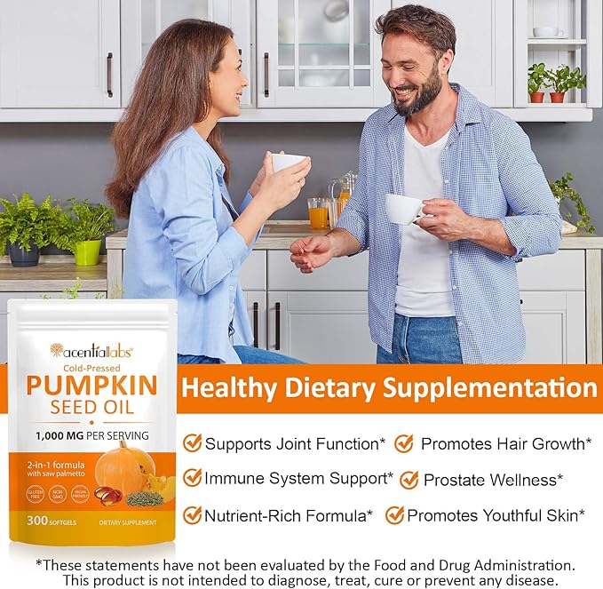 Pumpkin Seed Oil Capsules, Pumpkin Seed Oil with Saw Palmetto Capsules Cold-Pressed 1,000 mg per Serving, Supports Prostate Function, Hair Health, Rich in Essential Fatty Acids & Zinc