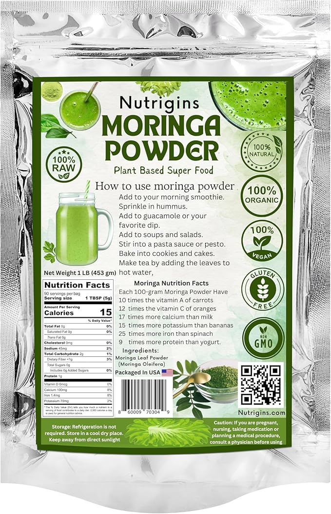 Moringa Powder - 1 lb - Organic Moringa Oleifera - 100% Raw and Pure Moringa Leaf Powder - Great for Drinks, Tea, Smoothies & Recipes - Food-Grade, Vegan, Resealable Stand-Up Bag
