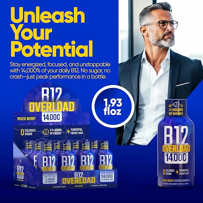 B12 Overload Extra Strength Energy Shot – Mixed Berry – 260mg Caffeine, 14000% B12, Electrolytes – Energy & Vitality Support – Zero Sugar No Calories – Vegan, Kosher, Gluten-Free – 1.93 fl oz, 12-Pack
