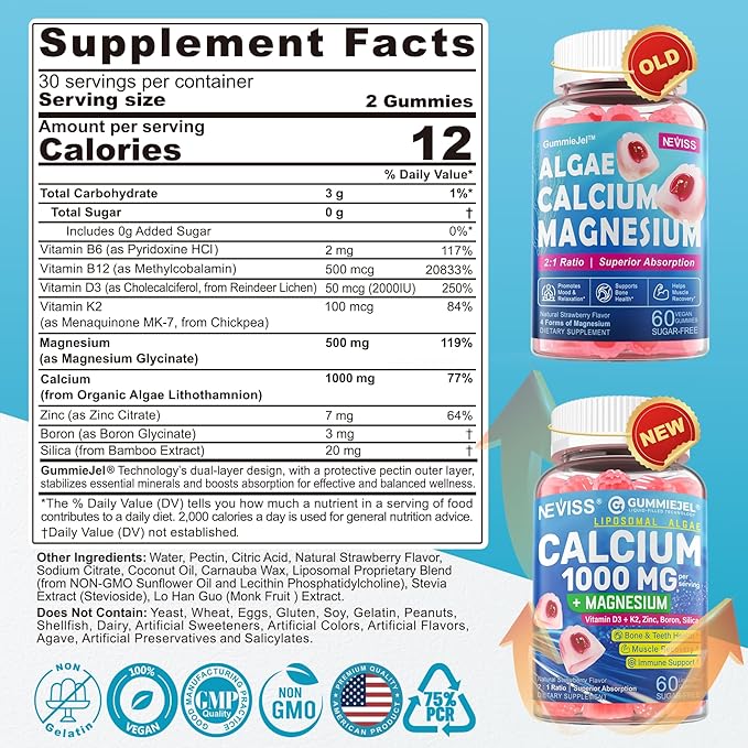 Sugar Free Calcium Gummies 1000 Mg Liposomal Liquid Form for High Absorption - Algae Calcium Supplements for Women, Men W/Vitamin D3 K2, Magnesium Glycinate, Zinc, Boron, Silica for Bone Health