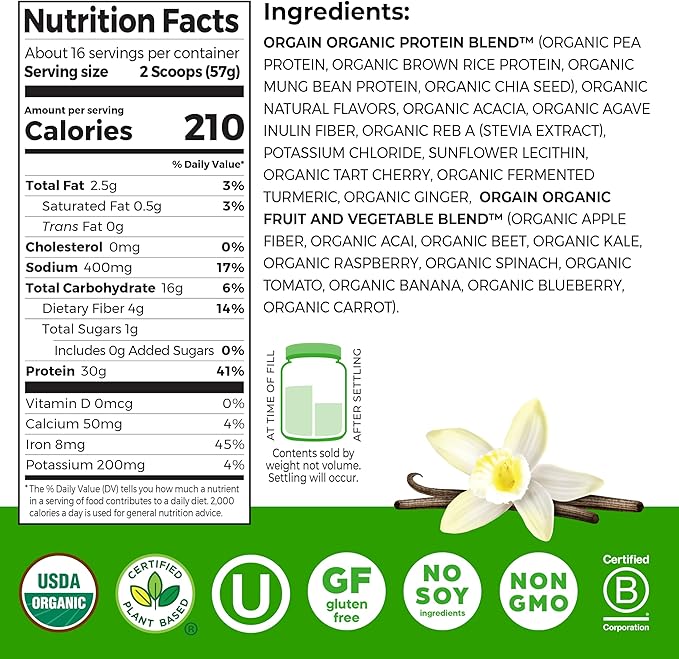 Orgain Organic 30g Vegan Protein Powder, Vanilla, 9g EAAs + BCAAs, Plant Protein, 4g Prebiotic + Fiber, 1g Sugar, Pre-Workout, Muscle Support Recovery - 2.01lb