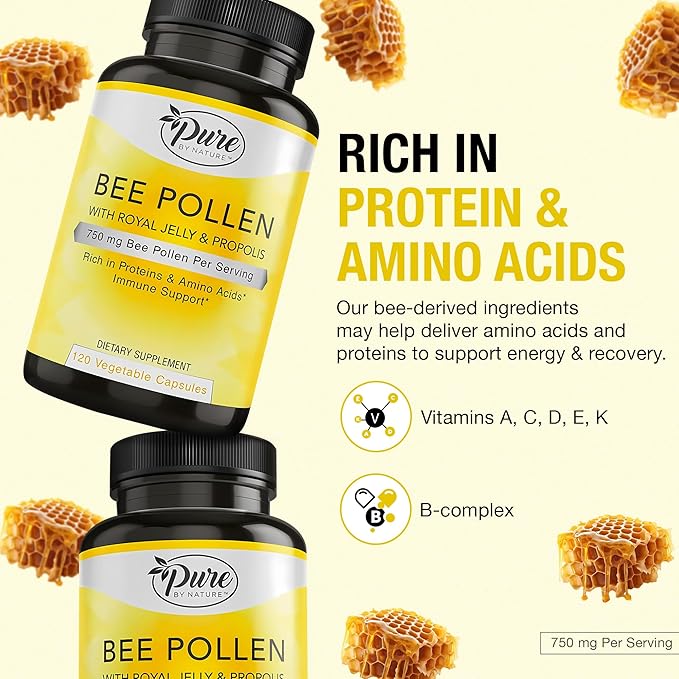 Pure By Nature Bee Pollen Supplement with Propolis & Royal Jelly for Immune Support, Antioxidant Properties, 120 Non-GMO Vegetarian Capsules