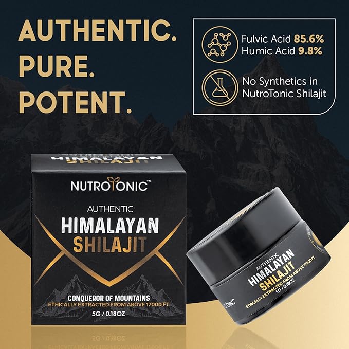 NutroTonic® Authentic Himalayan Shilajit Resin for Men & Women - Gold Grade 86% Fulvic Acid - Wild Crafted +17000 FT – 40x Nano Filtered & Sun Dried - 3rd Party Lab Tested - 5g Jar