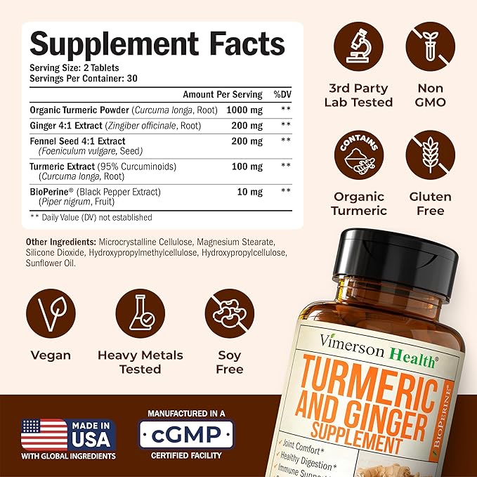 Turmeric Curcumin Supplement with Ginger Root & Fennel Seed for Joint Support, Digestive & Gut Health - Contains Organic Turmeric Curcumin with Black Pepper (Bioperine) for Max Absorption - 60 Tablets