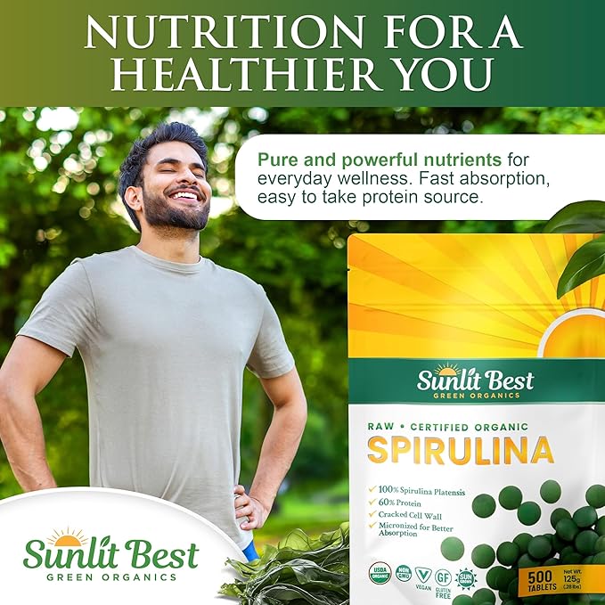 Sunlit Best Spirulina Tablets - Organic Spirulina Tablets USDA Premium 500 Count - Natural Spirulinas Organic Burst for Immune Support Muscle Growth, Energy Boost w/Chlorophyll - High Protein, Non GMO