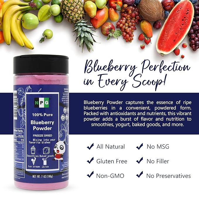 NPG Frezee-Dried Blueberry Powder 7 Oz, Seedless Fine Powder from Wild Wild Blueberries for Smoothies, Baking, Beverages, and Natural Food Coloring, No Sugar Added, Non-GMO