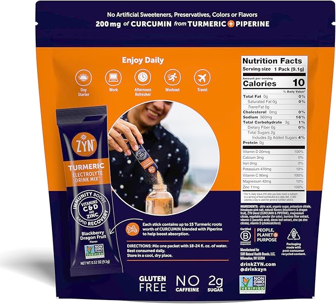 ZYN Electrolyte Drink Mix Hydration Packets, BlackBerry Dragonfruit Electrolytes Powder, Hydration Packets w/Turmeric Curcumin, Vitamin C & D, Zinc, Hydrate & Recover Electrolyte Powder, Pack of 32